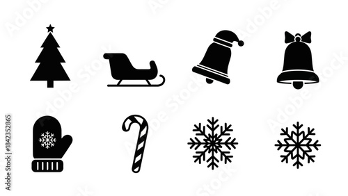 Christmas winter elements with fir tree sleigh bell mitten candy cane and snowflake