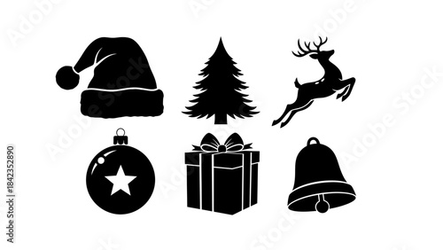 Collection of black christmas and new year symbols on white background for seasonal design