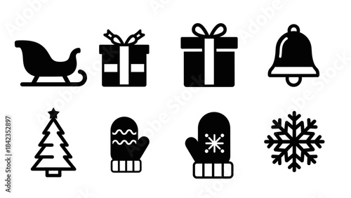 Winter holiday design elements set including sleigh, christmas gifts, bell, tree and mittens