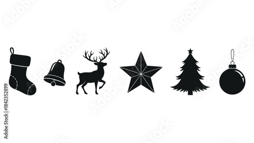 Set of black christmas and new year symbols on white background for holiday design