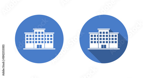 Office building icon with long shadow. Commercial property and urban architecture symbol