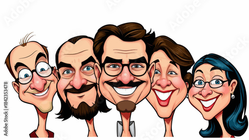 A joyful and diverse group of five people depicted in a vibrant vector illustration, capturing their unique personalities and cheerful expressions