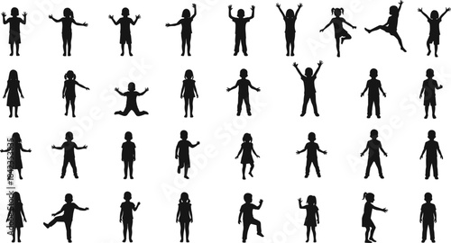 Children silhouette vector set featuring playful kids, jumping poses, standing figures, active child shapes, and dancing outlines for design use