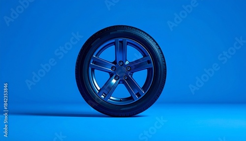 Car wheel with alloy rim and black tire on blue background.
