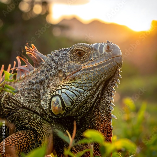 Close-up of a green iguana with spiky scales, looking off camera at a golden sunset