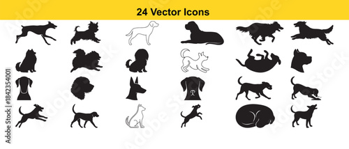 Collection of twenty four black and white vector icons depicting various dog breeds