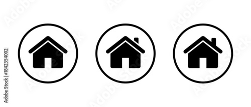 Home and house icon set in circular outline. Real estate, residence, and property symbol