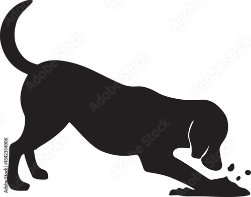 A silhouette of a dog sniffing and foraging on the ground