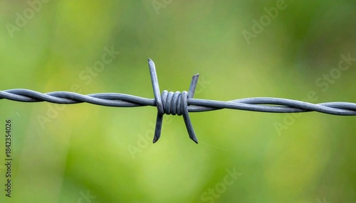 Barbed wire close-up with green blurred background.