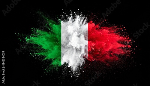 Italian flag as powder burst on black background.