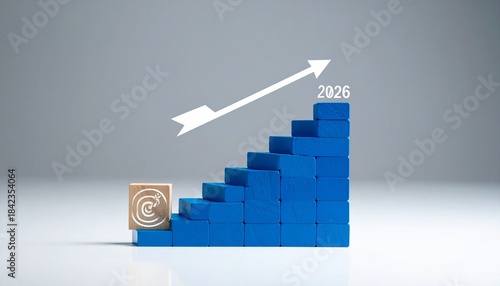 Ascending blue blocks with “2026” cubes and arrows aiming at target.