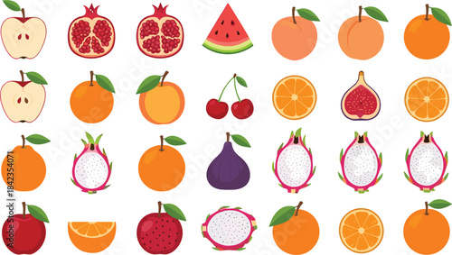 Colorful fresh fruit illustration set featuring apples, oranges, pomegranates, figs, cherries, watermelon, dragon fruit, and citrus slices