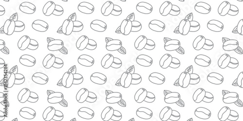 Seamless Pattern of Coffee Beans and Leaves - Black and White Line Art