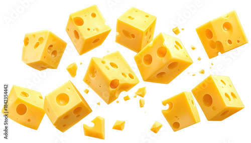 Cubes of golden dairy product, some with holes, against dark background