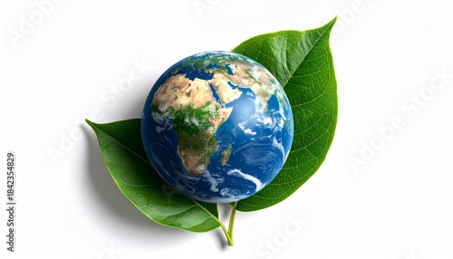 Earth cradled by green leaves, symbolizing harmony and sustainability.