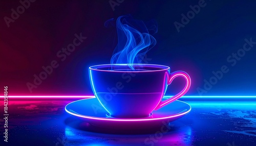 Neon cup of steaming drink glowing in darkness.