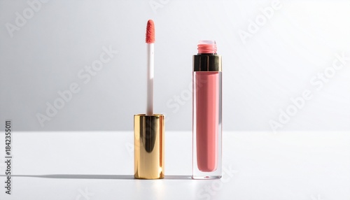 Elegant pink lip gloss with gold applicator on minimal white backdrop.