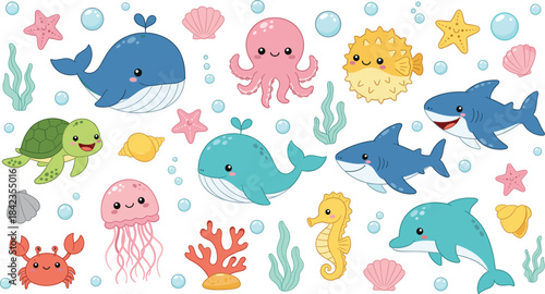 Cute ocean animal illustration set featuring whales, dolphins, sharks, turtles, jellyfish, seahorses, crabs, coral, seashells, and underwater elements