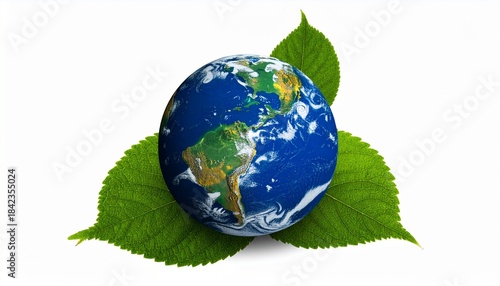 Earth cradled by green leaves, symbolizing harmony and sustainability.
