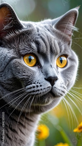 Close-up of a grey cat with striking yellow eyes, set amidst a blurred floral backdrop