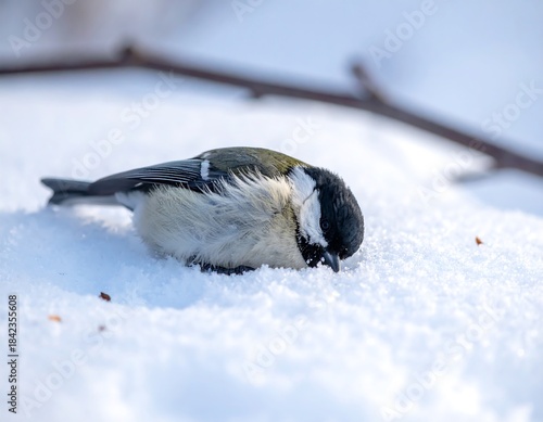 Close-up of a tiny bird buried in fluffy, untouched white snow with shallow depth of field