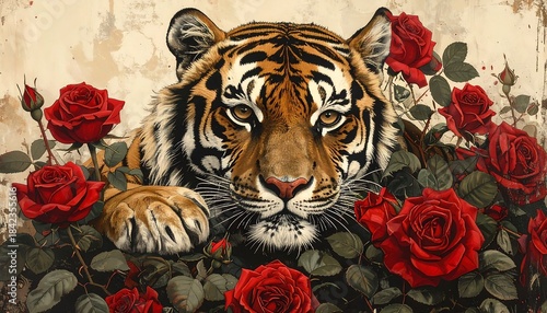 Close-up of a tiger surrounded by vibrant red roses against a textured, antique-style backdrop