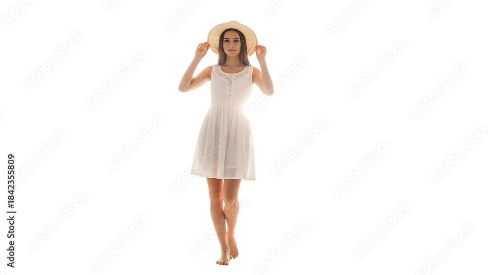 © designsMHR - A beautiful young woman wearing a white summer dress and straw hat, walking barefoot.