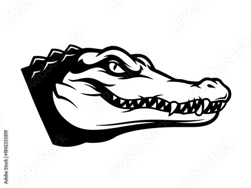 A fierce black and white illustration of an alligator's head with sharp teeth and an aggressive expression.