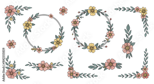 Collection of hand-drawn floral wreaths, frames, and corner decorations with pink and yellow flowers in a charming rustic style.