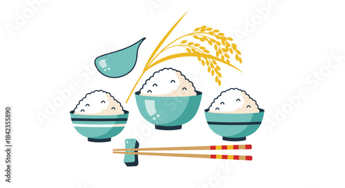 Cute and simple illustration set of Japanese rice bowls, chopsticks, and a rice stalk, representing Asian cuisine and agriculture.