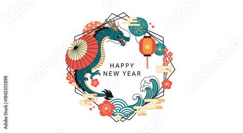 Happy New Year greeting with an Asian dragon, red lantern, and ocean waves inside a modern geometric frame on a white background.