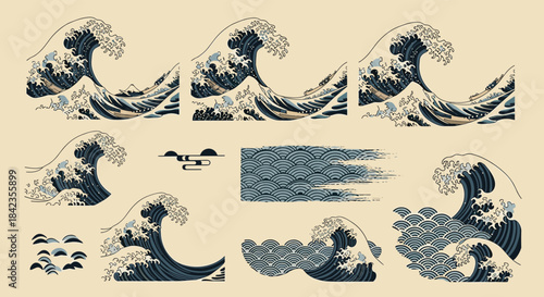 Set of Japanese ukiyo-e style great wave illustrations, featuring various classic and stylized versions of the iconic ocean artwork.