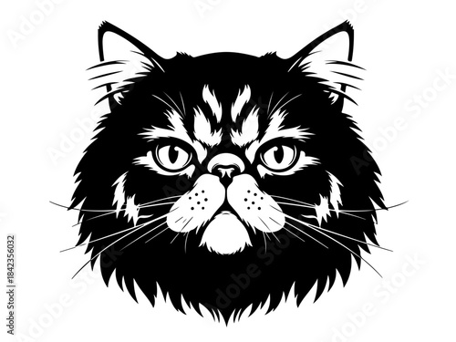 A striking black and white illustration of a Persian cat's face, emphasizing its fluffy fur and distinctive features.