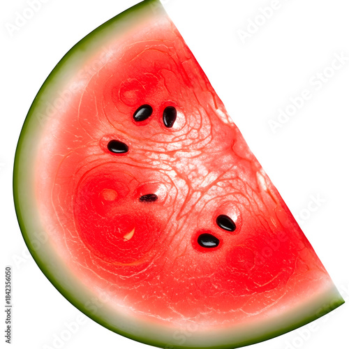 Close up of a vibrant watermelon slice with black seeds on a dark background
