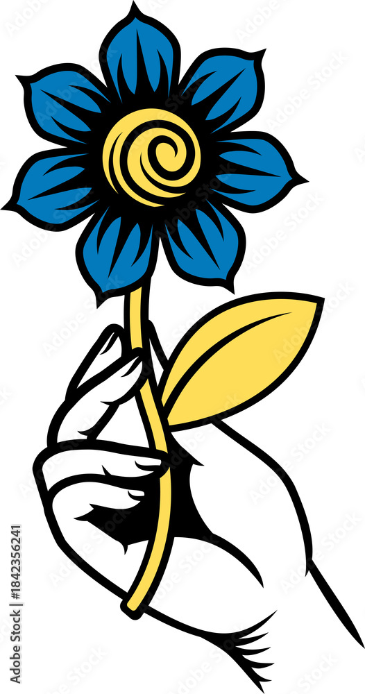 Obraz premium A hand holding a flower design illustration in a vintage woodcut retro tattoo style