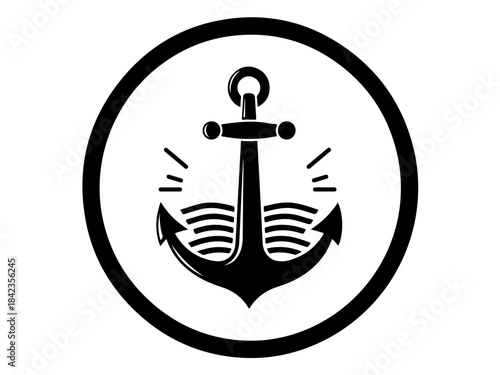 A black and white circular icon featuring a nautical anchor submerged in stylized waves.