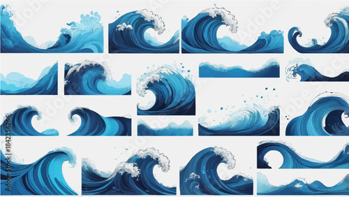 Set of blue sea water banners featuring vector wave patterns and nature landscape illustrations with ocean fish and summer sun elements for paper card design