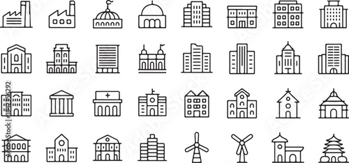 Building line icons set with editable stroke, featuring factory, mosque, apartment, stadium, museum, school, university, mill, linear illustration.