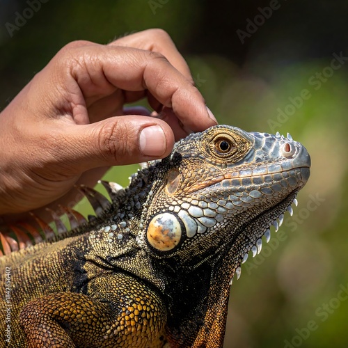 Close-up of a hand gently touching the head of a vibrant, colorful iguana