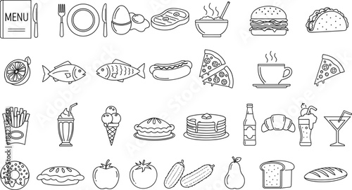 Food and drink line art vector icons including meals, desserts, beverages, fruits, vegetables, and bakery items outline set