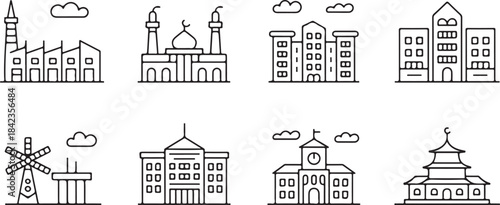 Building line icons set with editable stroke, featuring factory, mosque, apartment, stadium, museum, school, university, mill, linear illustration.