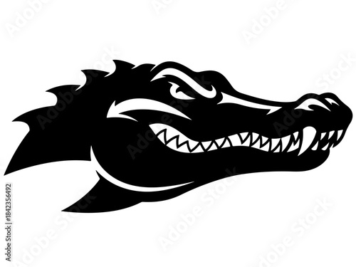 A fierce black silhouette of an alligator's head with sharp teeth and an aggressive expression.