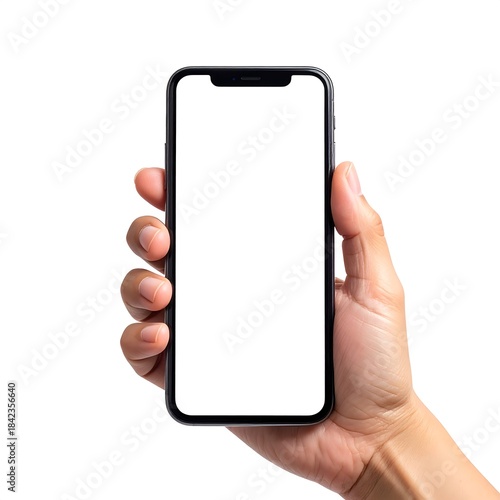 Close-up of a hand holding a modern smartphone with a blank white screen, isolated
