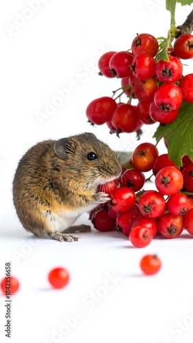 Close-up of a tiny mouse eating red berries from a cluster against a bright white backdrop