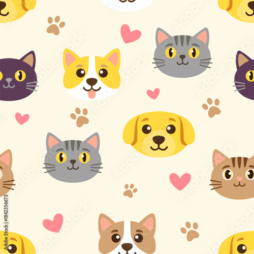 Seamless pattern of happy dog and cat faces with small floating hearts, representing friendship and bonding in flat design vector style for pet lover Valentine's Day wrapping paper.