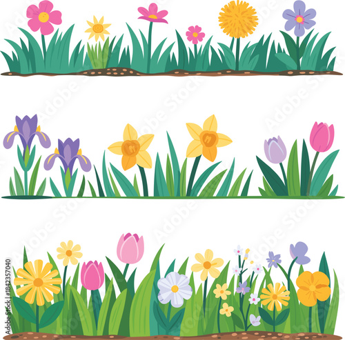 Three rows of colorful cartoon flowers and grass borders garden nature