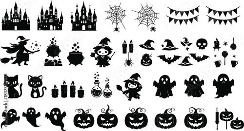 Halloween silhouette illustration set featuring haunted castles, witches, cauldrons, black cats, ghosts, pumpkins, bats, candles, spiders, and spooky elements