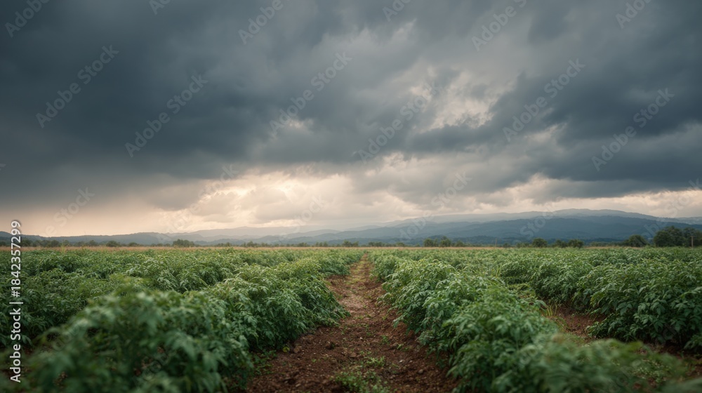 Obraz premium Vast field of green plants with a dirt path winding through it. the sky is filled with dark, ominous clouds that are covering most of the sky.