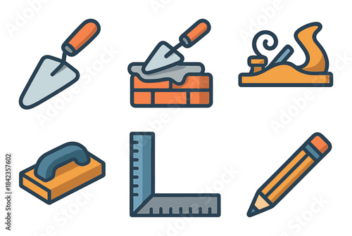 Construction tools icons: trowel, ruler, plane, brick wall, pencil, block