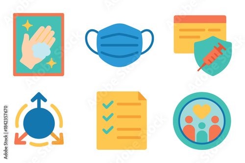 Colorful health and safety icons: hygiene, vaccination, and community wellness